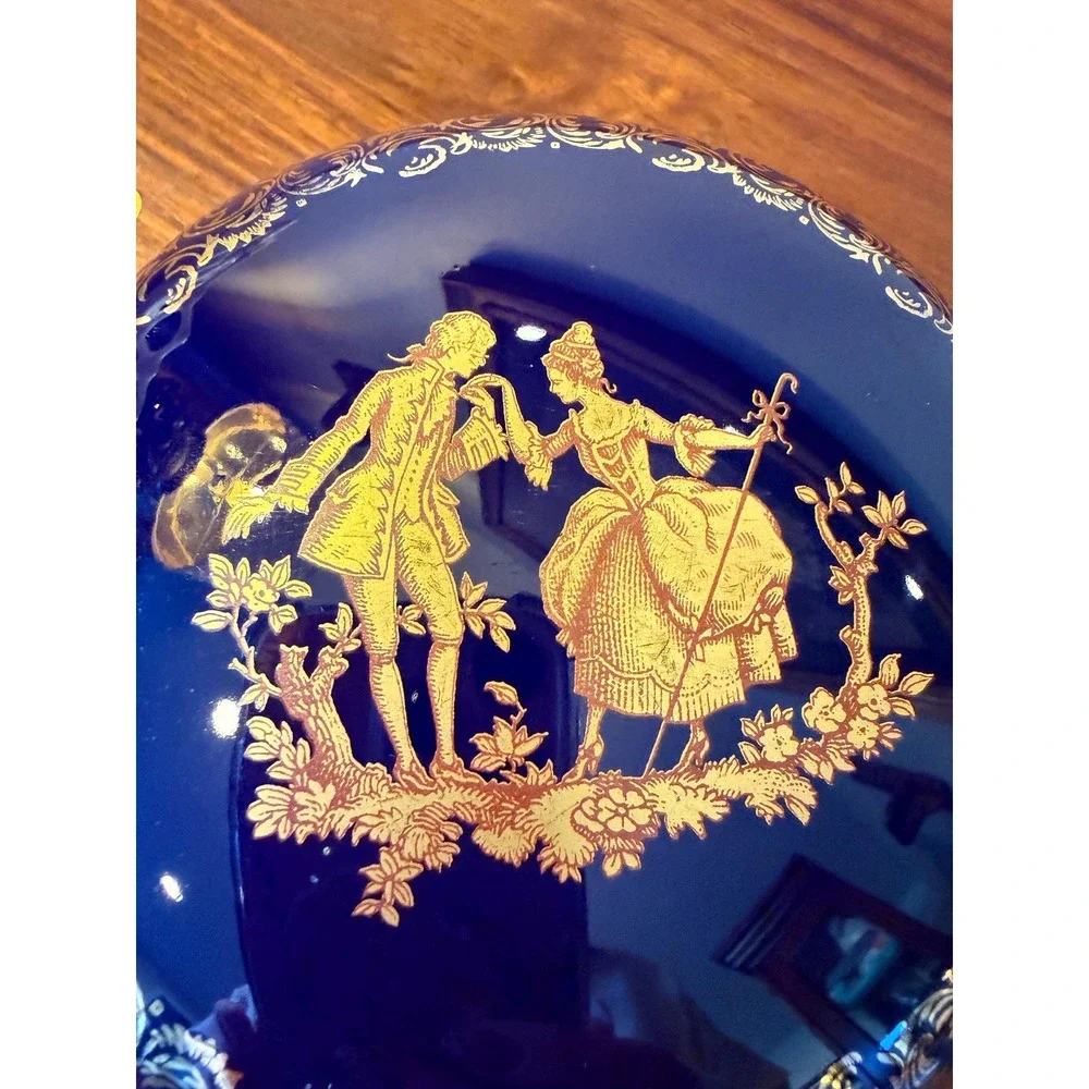 Vintage Limoges Cobalt Blue Gold Trinket Box, French Porcelain 4.5